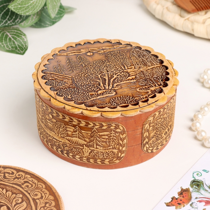 Шкатулка  Шкатулка "Пейзаж с церковью", большая, 100 х 40 мм, береста