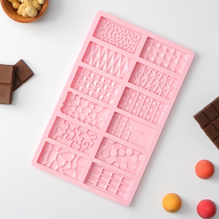 Форма для шоколада Доляна «Шоколадное ассорти», силикон, 26,5×16,8×0,7 см, 12 ячеек, цвет розовый Форма для шоколада Доляна «Шоколадное ассорти», силикон, 26,5×16,8×0,7 см, 12 ячеек, цвет розовый