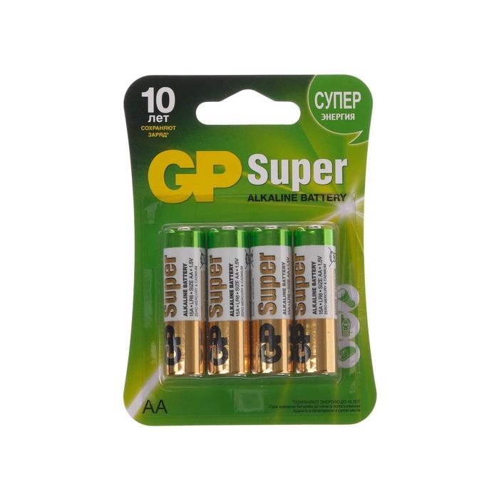 Батарейка алкалиновая GP Super, AA, LR6-4BL, 1.5В, блистер, 4 шт. Батарейка алкалиновая GP Super, AA, LR6-4BL, 1.5В, блистер, 4 шт.