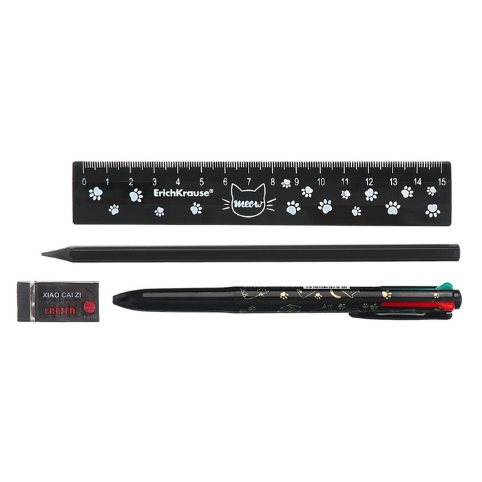 Пенал мягкий 1 отделение, 210 x 80 x 40 мм, Calligrata, с наполнением 4 предмета, универсальный, Пенал мягкий 1 отделение, 210 x 80 x 40 мм, Calligrata, с наполнением 4 предмета, универсальный, "Кот"