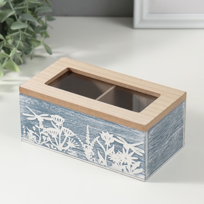 Шкатулка дерево 2 деления  Шкатулка дерево 2 деления "Стрекозы и цветы" синяя 8,8х16,2х7 см