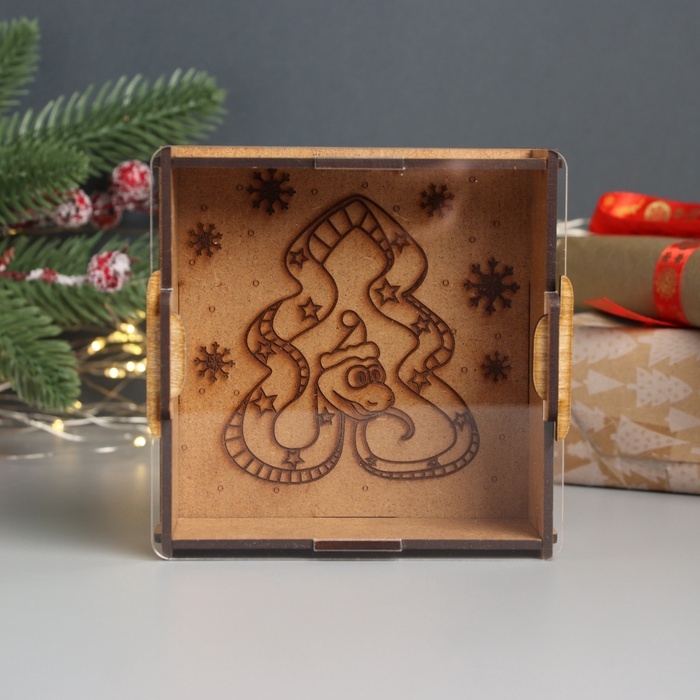 Новогодняя копилка с акрилом  Новогодняя копилка с акрилом "Змея. Ёлка" 12х12х4 см