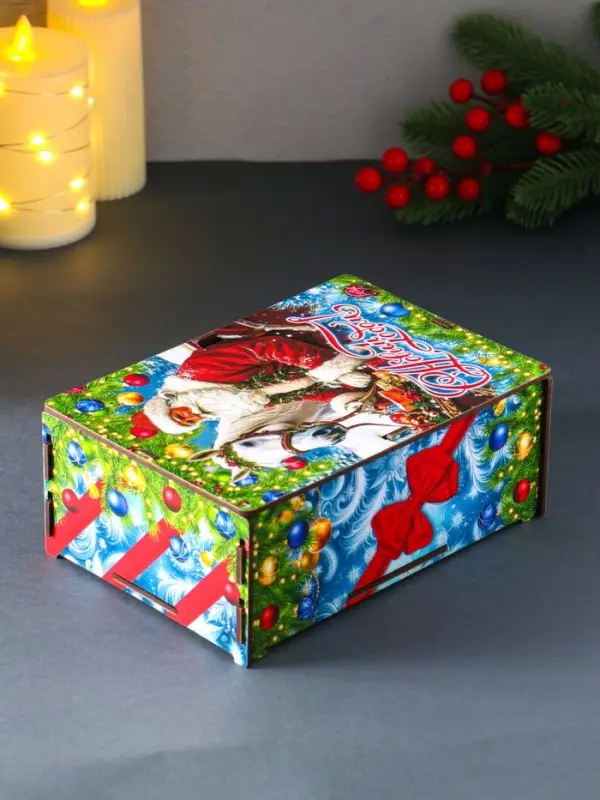 Шкатулка-ящик  самосборный малый с символом года "Дед Мороз и лошадь",  20х13,6х8 см