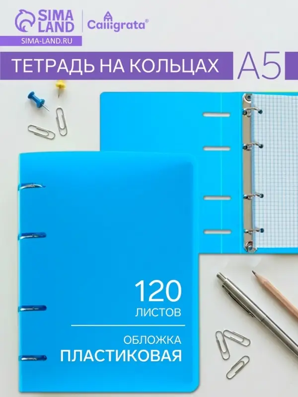 Тетрадь на кольцах Calligrata A5, 120 листов, в клетку, пластиковая обложка, блок офсет, голубая