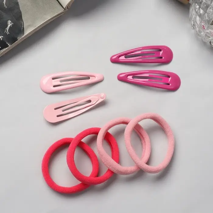 Набор для волос QF &laquo;Мира&raquo;, 12 шт.: 4 невидимки 5 см, 8 резинок 3.5 см, розовый