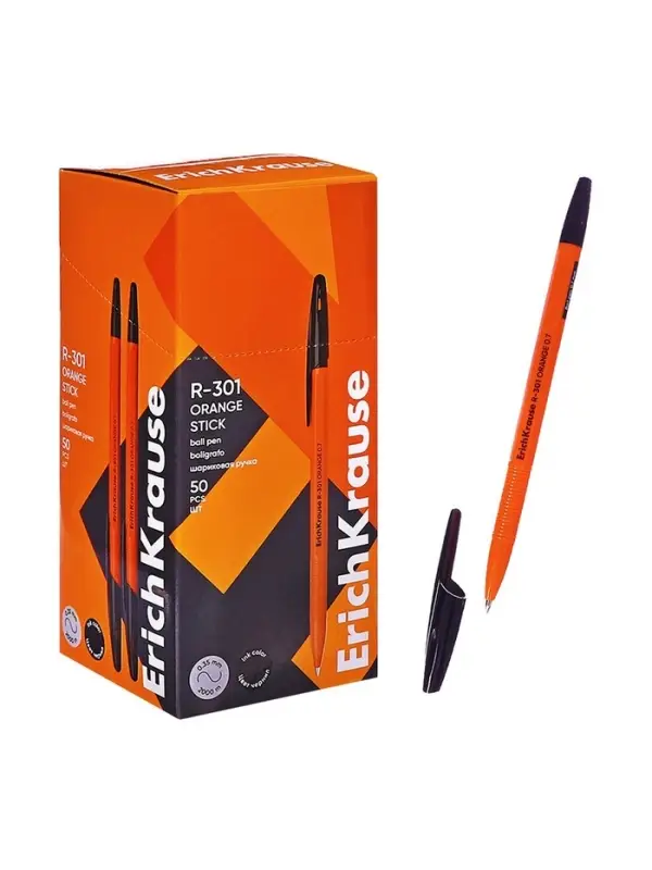 Ручка шариковая ErichKrause R=301 Orange Stick, узел 0.7 мм, чёрная