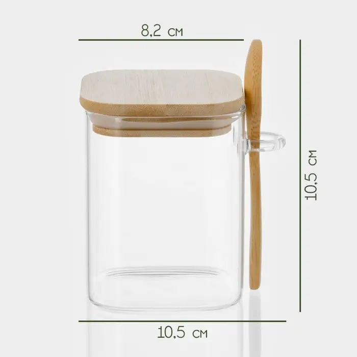 Банка для сыпучих BellaTenero &laquo;Эко&raquo;, 500 мл, 10.5&times;8.2&times;10.5 см, с бамбуковой крышкой и ложкой, стекло, прозрачная