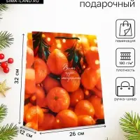 Пакет подарочный новогодний ламинированный, &laquo;Новогодние мандарины&raquo;, 26&times;12&times;32 см