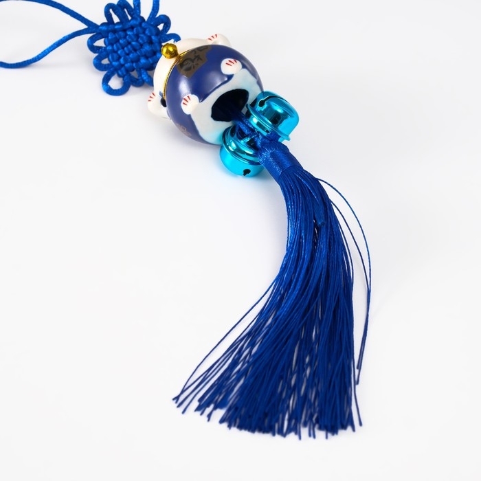 Подвеска керамика с бубенчиками "Манэки-нэко" синий 3,5х3,7х26 см