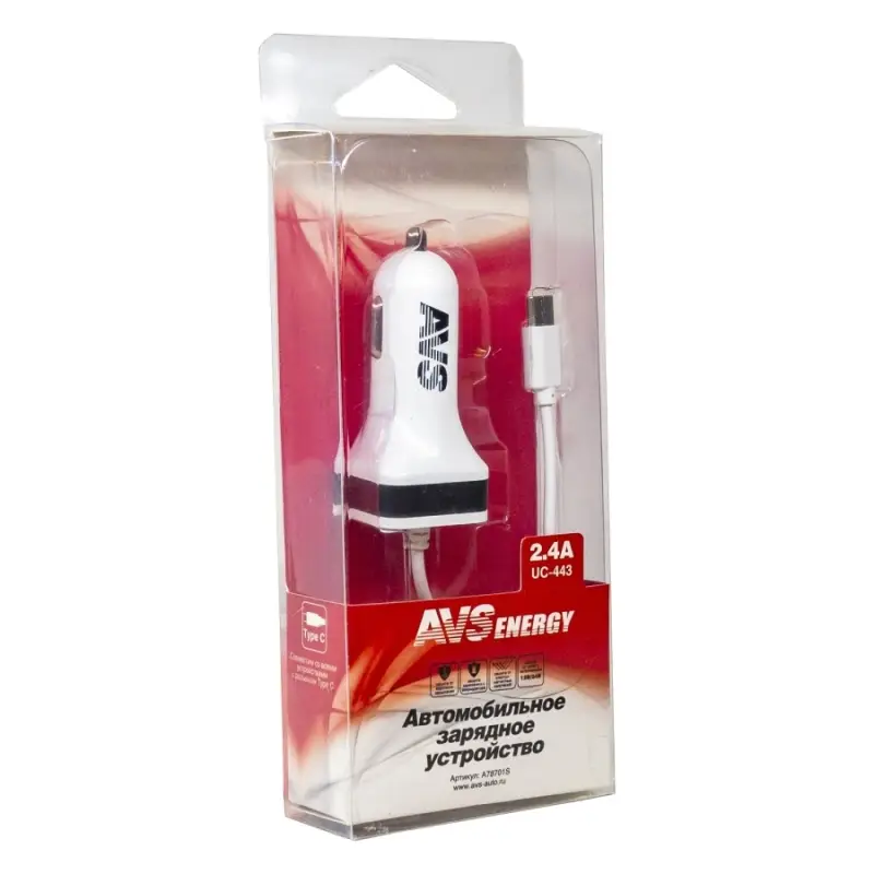 USB автомобильное зарядное устройство AVS 1 порт+ Type C  UC-443 (2,4А)