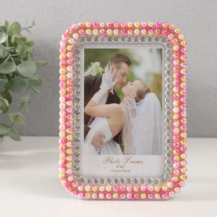 Фоторамка пластик 10х15 см Фоторамка пластик 10х15 см "Розово-жёлтый жемчуг, стразы" закруглённые углы 1,8х12,5х17,5 см 10527