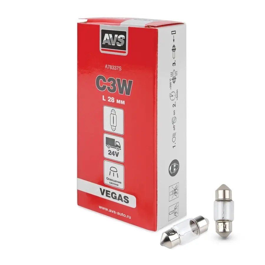 Лампа AVS Vegas 24V.C3W(SV7/8)L28мм. BOX 10шт.