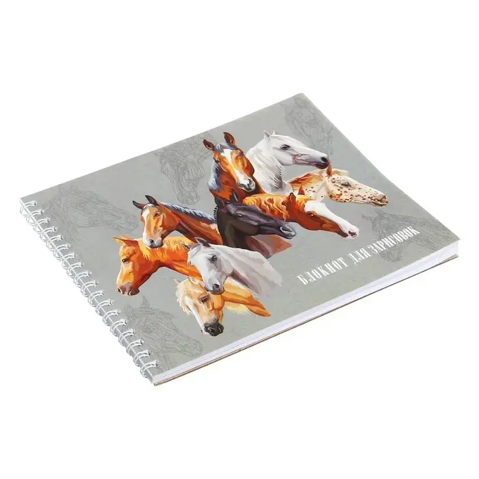 Блокнот для зарисовок 160 х 200 мм, 40 листов на гребне по короткой стороне "Лошади", обложка мелованный картон, твёрдая подложка, блок 100 г/м&sup2;