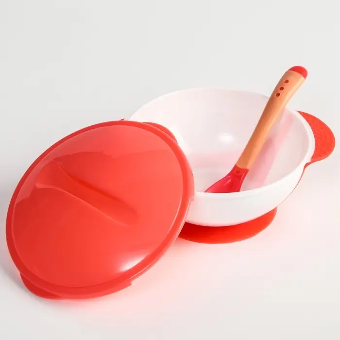 Тарелка на присоске Крошка Я 340 мл, в наборе крышка, термоложка, розовый