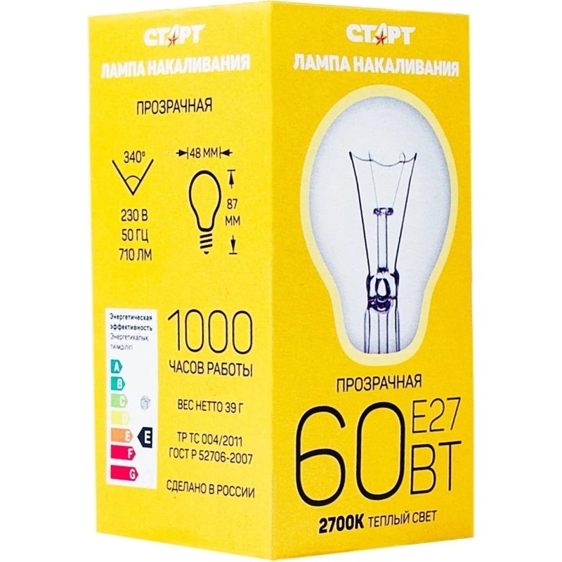 Лампа накаливания СТАРТ стандартная/прозрачная 60W E27