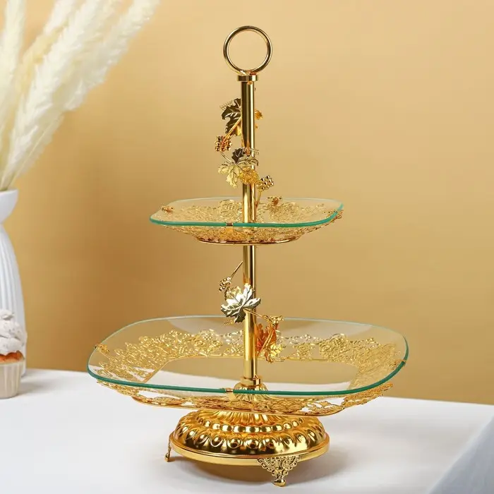 Этажерка-фруктовница квадратная, 2 яруса, 29&times;29 см, 17&times;17 см, высота 43 см, стекло, золотистая