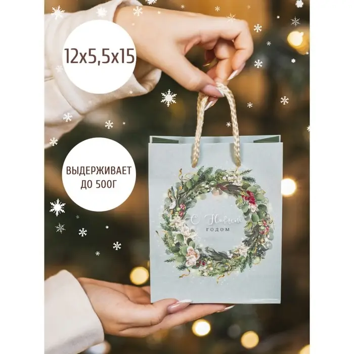 Пакет подарочный новогодний ламинированный «Новогодний венок», S 11.5 х 14.5 х 5.5 см Пакет подарочный новогодний ламинированный «Новогодний венок», S 11.5 х 14.5 х 5.5 см