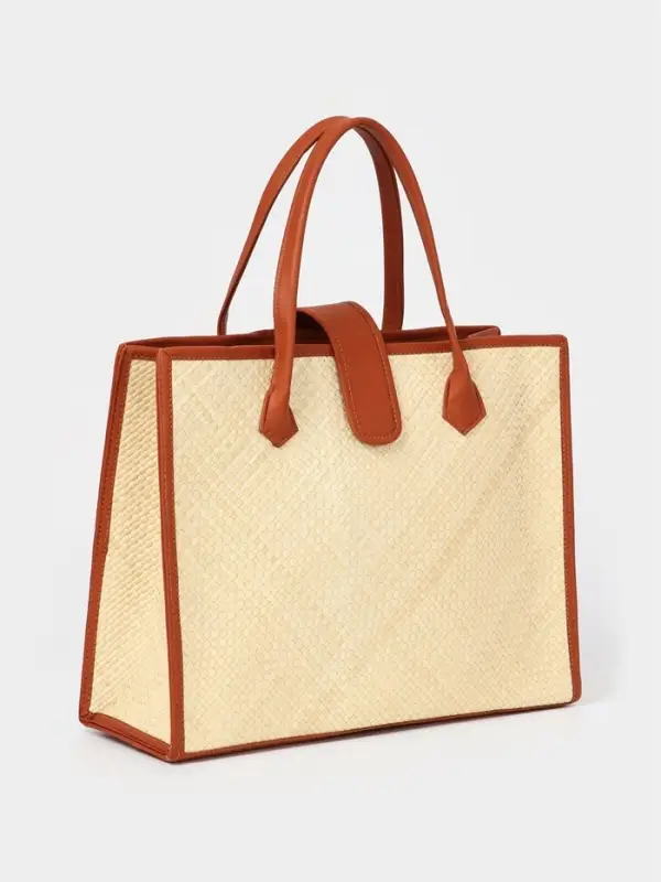 Сумка плетёная на застёжке из пандана, 41&times;16&times;50 см, бежево-коричневая