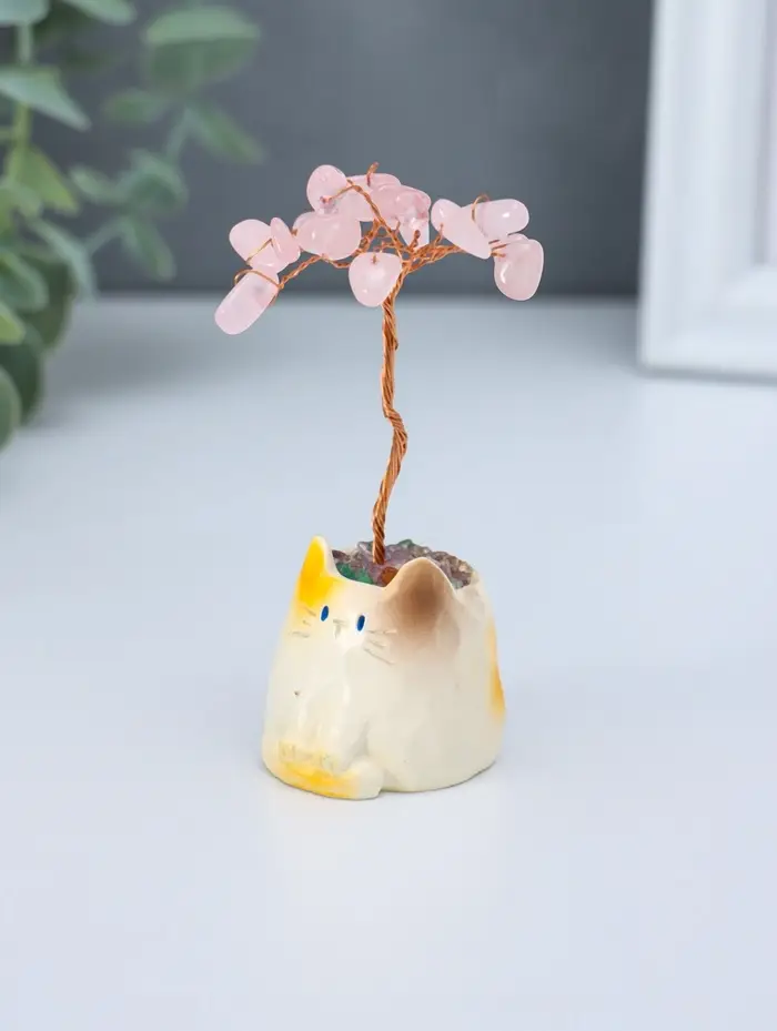 Сувенир "Котик-горшок и розовое дерево" 12 камней 3,8х3,5х7,5 см