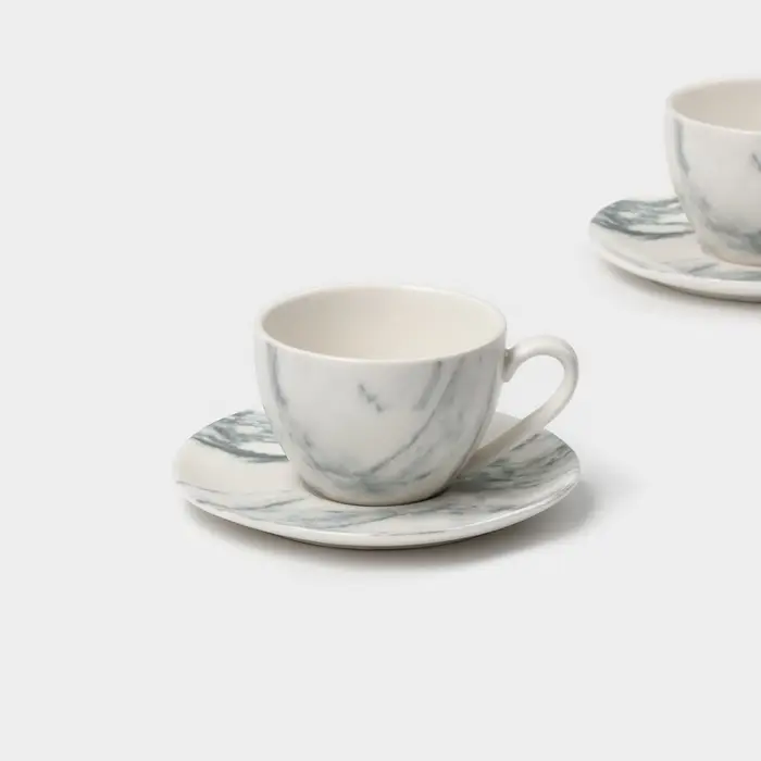 Чайный сервиз Magistro Real Marble, 2 персоны, 4 предмета: 2 чашки 120 мл, 2 блюдца d=12.5 см, фарфор, белый, серый
