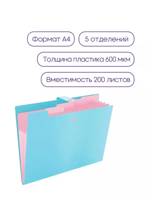 Папка А4, 5 отделений, Calligrata, 600 мкм, на кнопке, голубая, матовая Папка А4, 5 отделений, Calligrata, 600 мкм, на кнопке, голубая, матовая