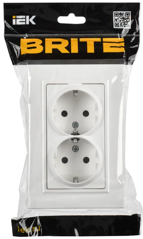 BRITE Розетка 2-местная с заземлением с защитными шторками плоская 16А в сборе РСшПл12-3-БрАБ арктический белый IEK