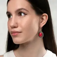 Серьги под натуральный камень &laquo;Натурель&raquo;, овал в кайме, красные в чернёном серебре