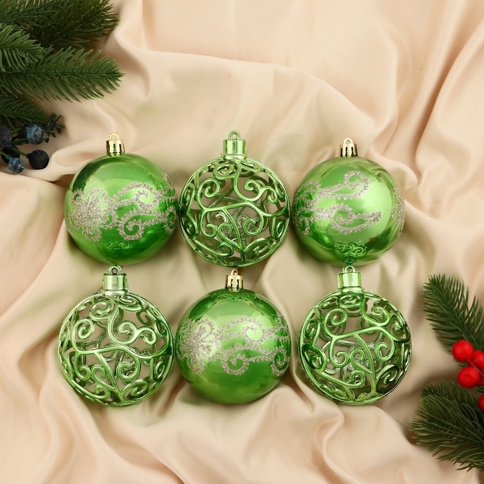 Набор шаров пластик d-8 см, 6 шт Набор шаров пластик d-8 см, 6 шт "Эстер" узор, зелёный