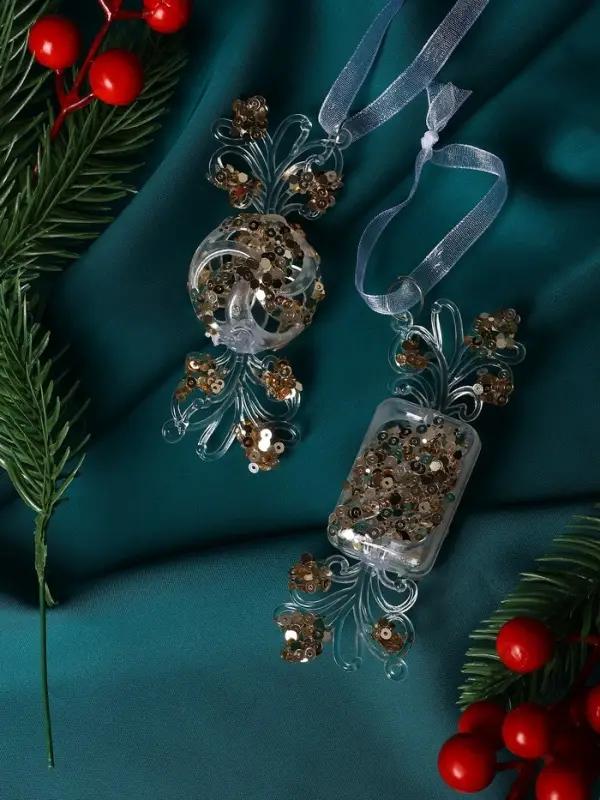 Украшение ёлочное "Праздник" (набор 2 шт) 10,5х4 см, прозрачно-золотой