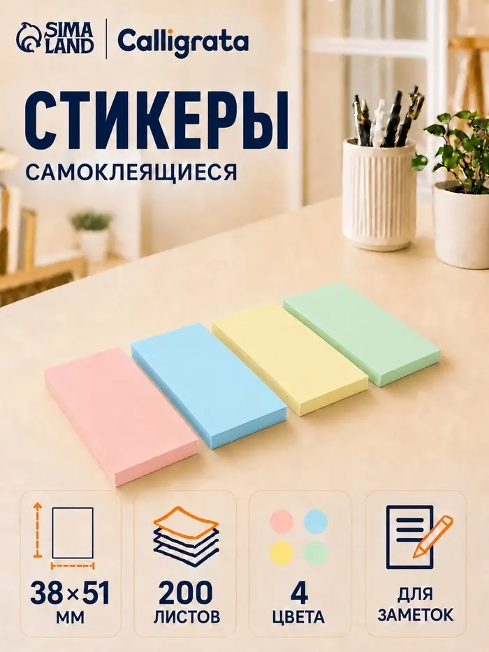 Набор блоков с липким краем, 38&times;51 мм, 4 по 50 листов