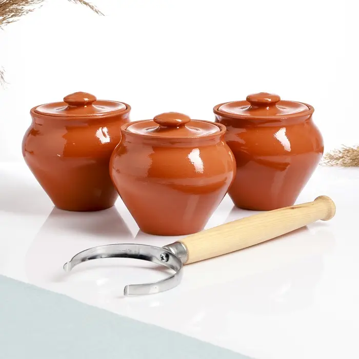 Горшочки для запекания Вятская керамика &laquo;Трио&raquo;, набор 3 шт., ухват, 500 мл, терракота