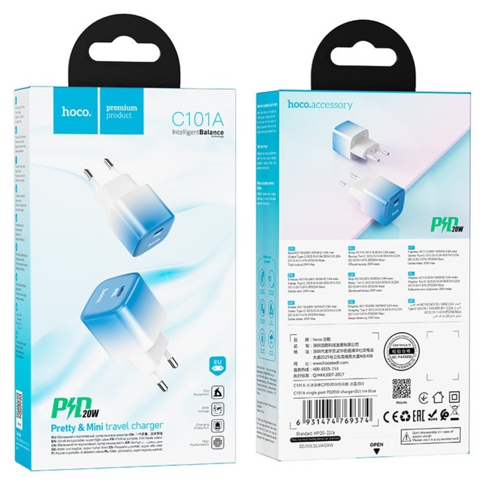 Сетевое зарядное устройство Hoco C101A, 1 Type-C, 20 Вт, PD + QC, синий Сетевое зарядное устройство Hoco C101A, 1 Type-C, 20 Вт, PD + QC, синий