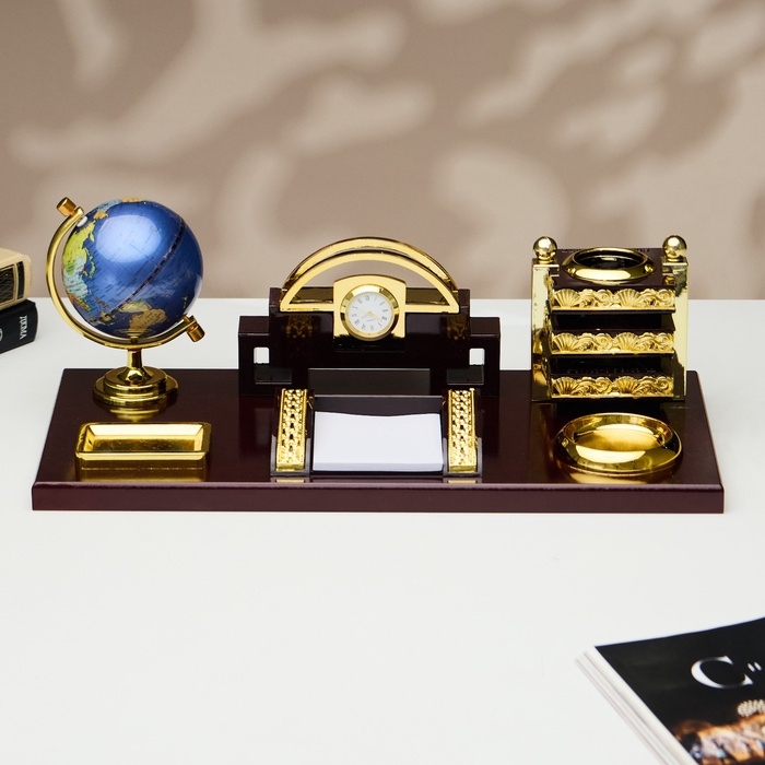 Набор настольный 6в1 (блок д/бумаг, подст. д/печати, карандашница, часы, визитница,глобус)