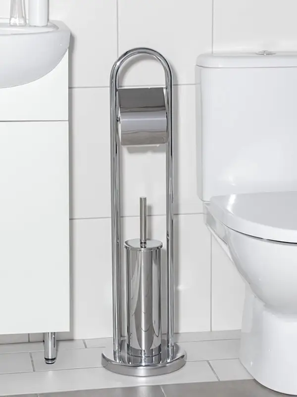 Ёршик для унитаза с подставкой напольный, 22&times;22&times;82 см, с держателем для туалетной бумаги, хром