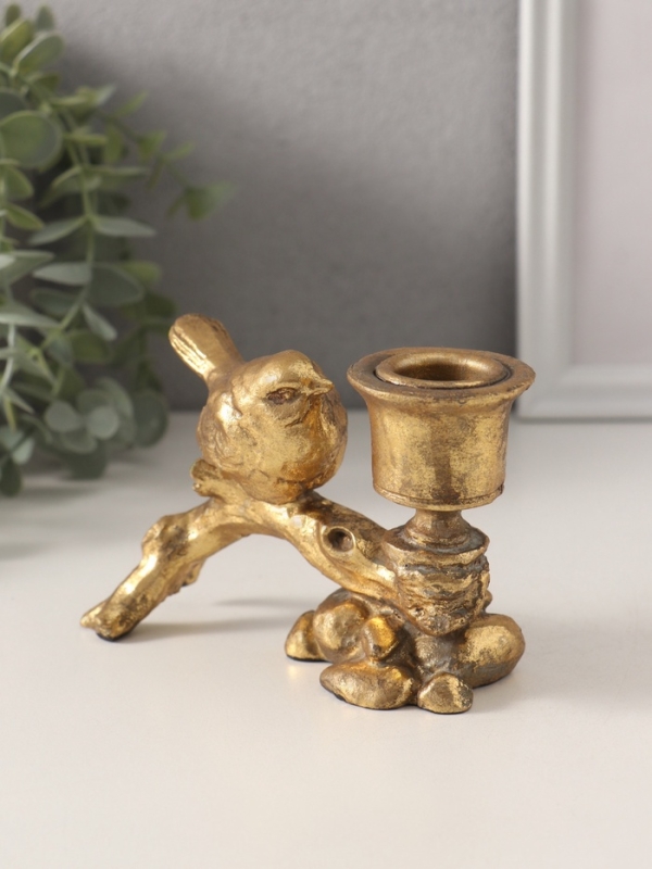 Подсвечник полистоун на 1 свечу "Воробышек на коряге" состаренное золото 14х6,5х8,8 см