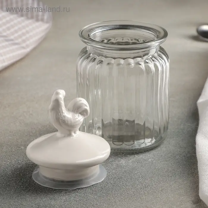 Банка стеклянная для сыпучих продуктов с керамической крышкой «Петух», 300 мл, 7,5×14,5 см, цвет крышки белый Банка стеклянная для сыпучих продуктов с керамической крышкой «Петух», 300 мл, 7,5×14,5 см, цвет крышки белый