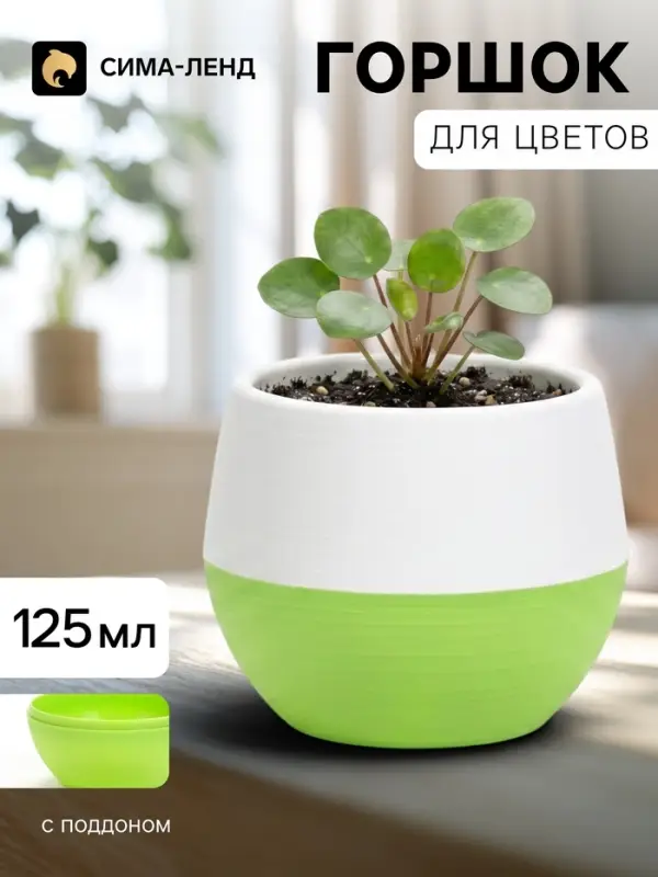 Горшок цветочный &laquo;Япония&raquo;, 125 мл, d=8 см, h=6.5 см, пластиковый, с поддоном, бело-фисташковый