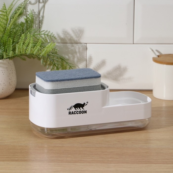 Дозатор для моющего средства с подставкой для губки Raccoon, 550 мл, губка в комплекте, цвет белый Дозатор для моющего средства с подставкой для губки Raccoon, 550 мл, губка в комплекте, цвет белый