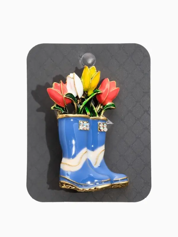 Брошь "Цветы Тюльпанов в Сапогах", цветная в чернёном золоте