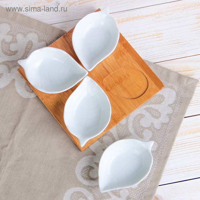 Набор салатников керамических на деревянной подставке «Эстет. Лист», 4 предмета: 50 мл, цвет белый Набор салатников керамических на деревянной подставке «Эстет. Лист», 4 предмета: 50 мл, цвет белый