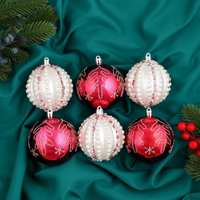 Набор шаров пластик d-8 см, 6 шт Набор шаров пластик d-8 см, 6 шт "Ночка" ёлочки, красный белый