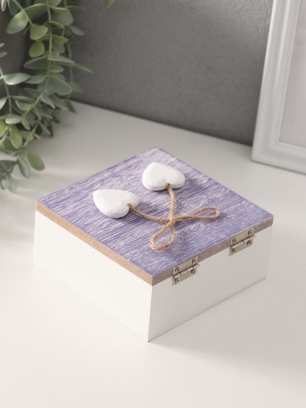 Шкатулка для украшений «Сердечки белые на сиреневом квадрате», дерево, 12×12×5.3 см Шкатулка для украшений «Сердечки белые на сиреневом квадрате», дерево, 12×12×5.3 см