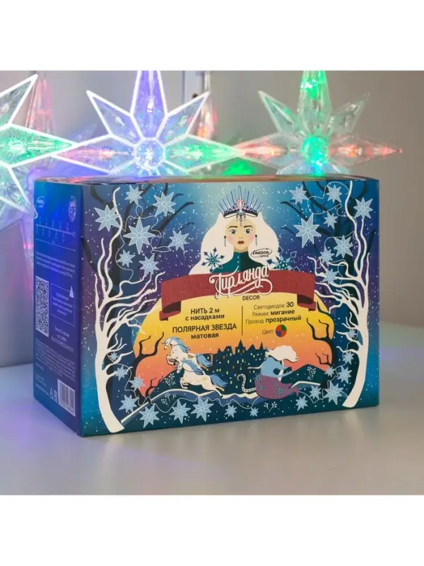 Гирлянда &laquo;Нить&raquo; 2 м с насадками &laquo;Полярная звезда&raquo;, IP20, прозрачная нить, 30 LED, свечение мульти (RG/RB), мигание, 220 В