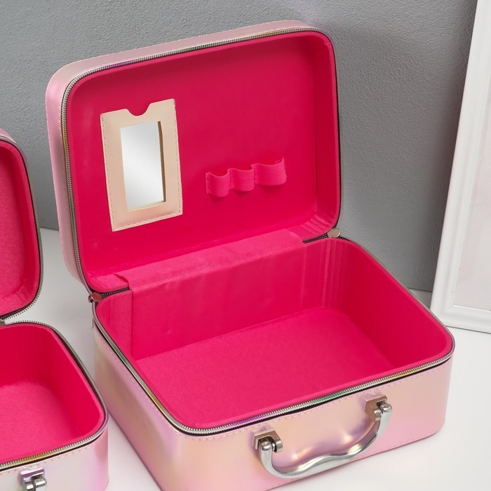 Шкатулка кожзам с зеркалом Шкатулка кожзам с зеркалом "Плетение" розовая н-р 3 шт 19,4х12,5х8 22х16х9 11,5х24,5х18,5 см