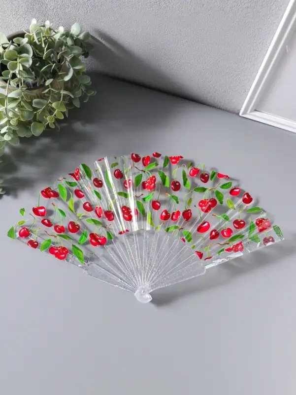 Веер складной пластик &laquo;Вишенки&raquo;, блеск, 23 см