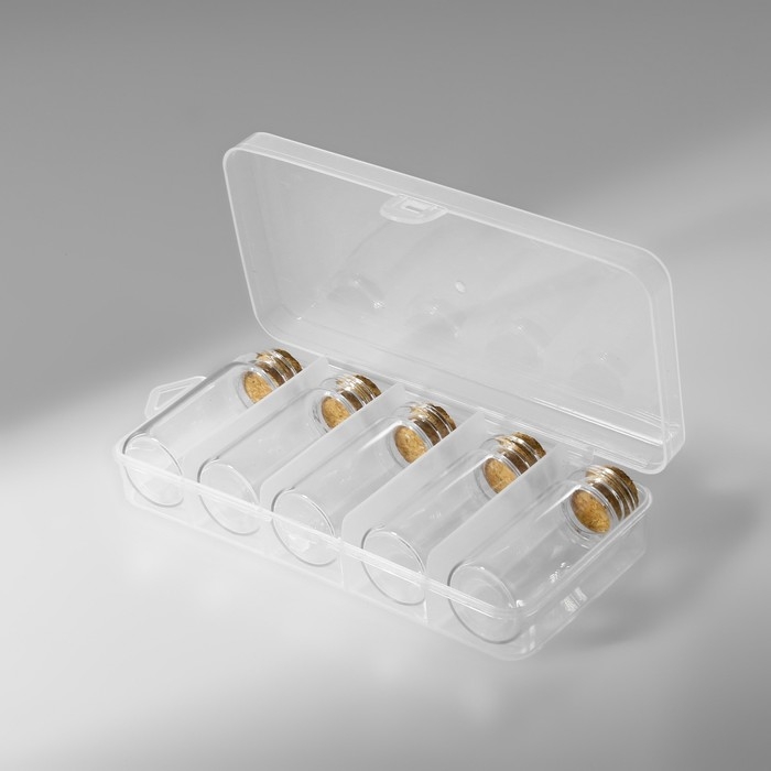Набор баночек для хранения бисера, d = 2,1 × 5 см, 5 шт, в контейнере, 12,8 × 6,5 × 2,5 см Набор баночек для хранения бисера, d = 2,1 × 5 см, 5 шт, в контейнере, 12,8 × 6,5 × 2,5 см