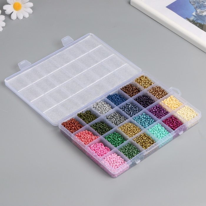 Бисер стекло 8/0 (3 мм) в шкатулке  Бисер стекло 8/0 (3 мм) в шкатулке "Металлик" 24 цвета х 15  гр 19х13х2,1 см