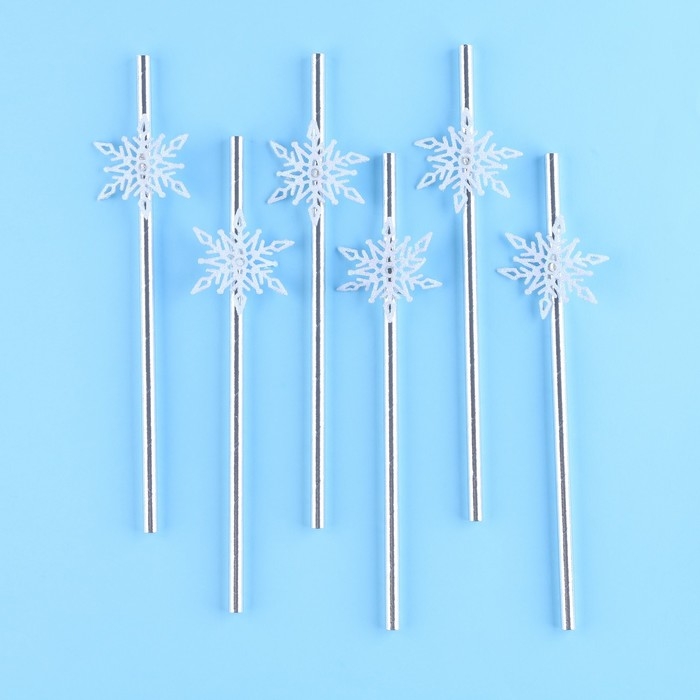 Новый год! Трубочки для коктейля «Снежинки», уголки, в наборе 6 штук, серебро Новый год! Трубочки для коктейля «Снежинки», уголки, в наборе 6 штук, серебро