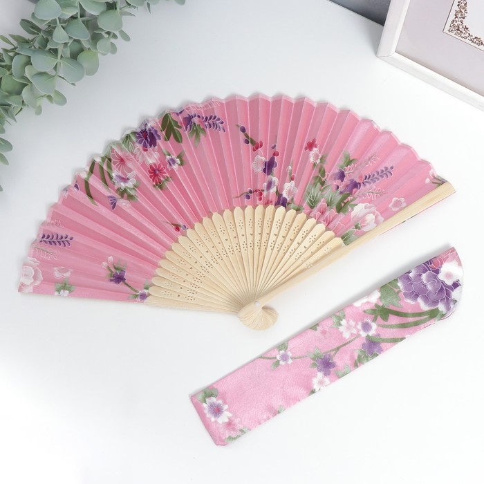 Веер бамбук, текстиль h=21 см Веер бамбук, текстиль h=21 см "Цветы" с чехлом, розовый