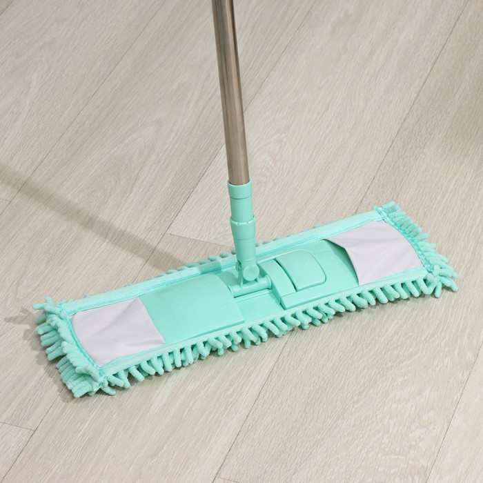 Швабра для мытья пола плоская Доляна, насадка из микрофибры букля 42×12 см, телескопическая стальная ручка 80(130) см